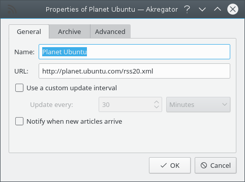 Skriv in planet.ubuntu.com eller http://planet.ubuntu.com i textraden intill Kanalens webbadress och klicka på Ok. Dialogrutan med kanalinställningar visas där du kan ändra standardalternativen.
