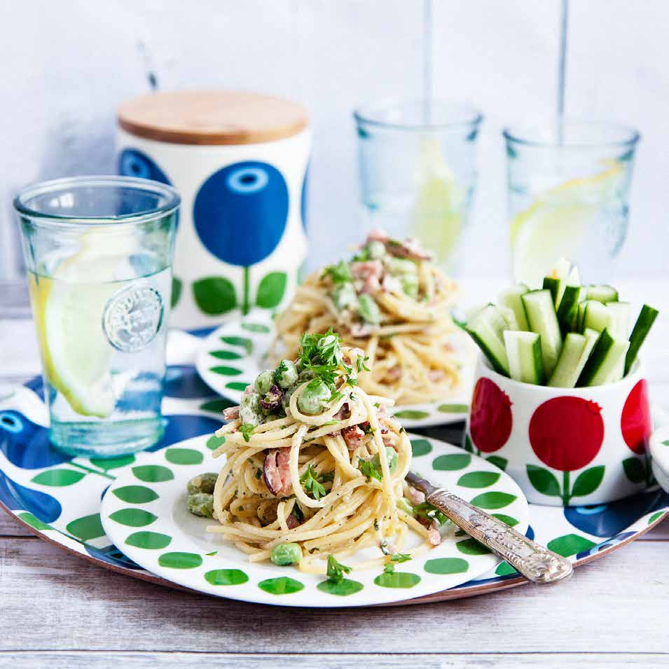 KRÄMIG PASTA med skinka och bondbönor Ca 5 min Krämig pasta ½ rödlök 1 vitlöksklyfta 1 förp rökt skinka msk smör* 150 gram färskost 1 dl pastavatten* 00 gram frysta bondbönor ½ färsk persilja