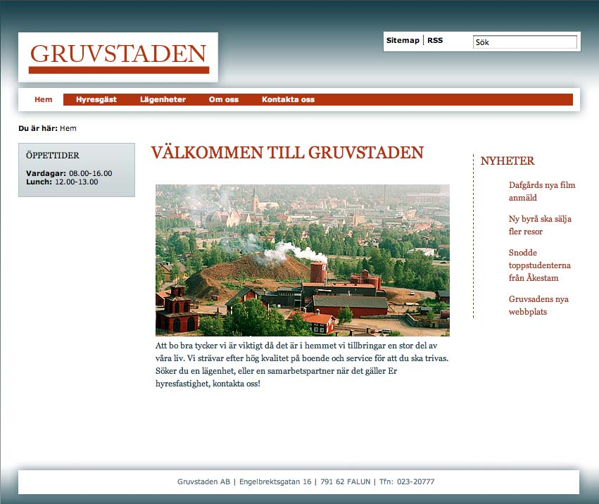 Menyvalet Om oss öppnar ett nytt skärmdokument med information om vad kunden kan finna i denna kategori och generell information om Gruvstaden. Här finns en undermeny med två val.