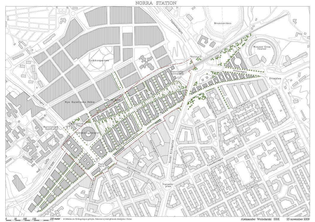 3 (23) Dp 2009-02013-54 Planområdet med bebyggelsestruktur PLANDATA Planområde Planområdet är beläget på Norra Stationsområdet mellan Karolinska sjukhusområdet och stadsgränsen mot Solna i norr och