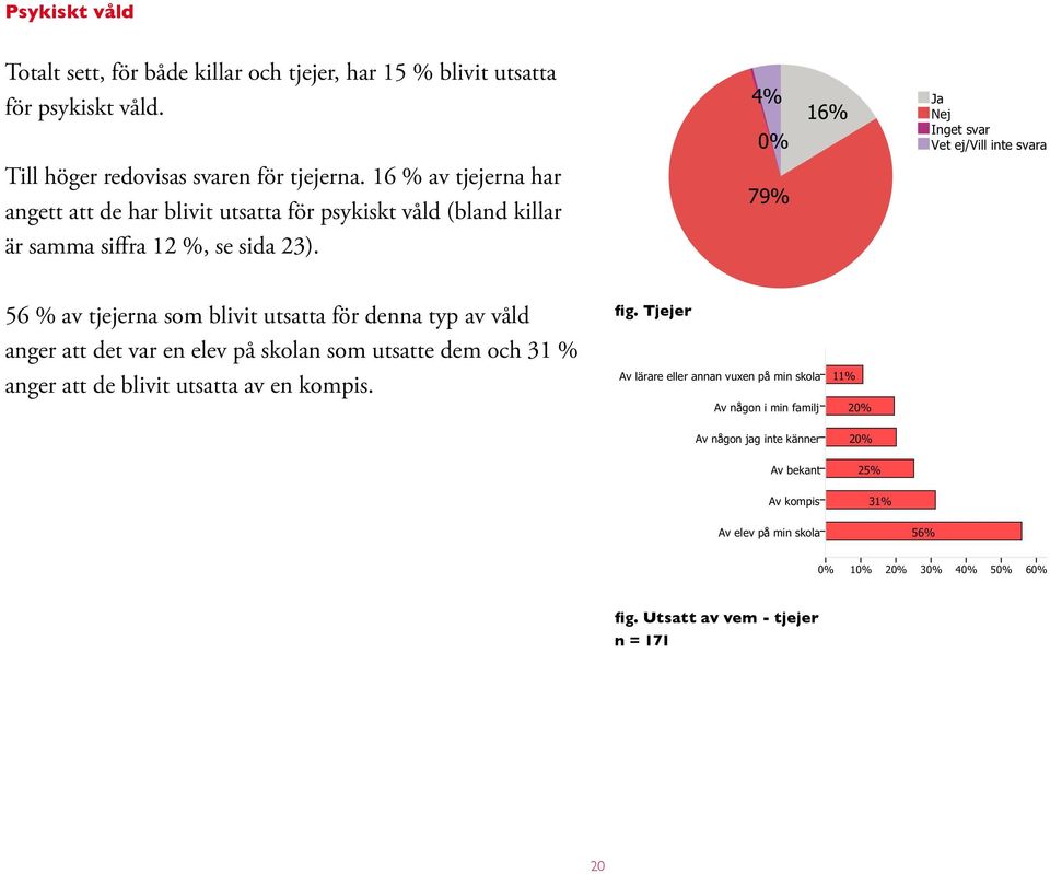 4% 79% 16% Ja Nej Vet ej/vill inte svara 56 % av tjejerna som blivit utsatta för denna typ av våld anger att det var en elev på skolan som utsatte dem och 31 % anger