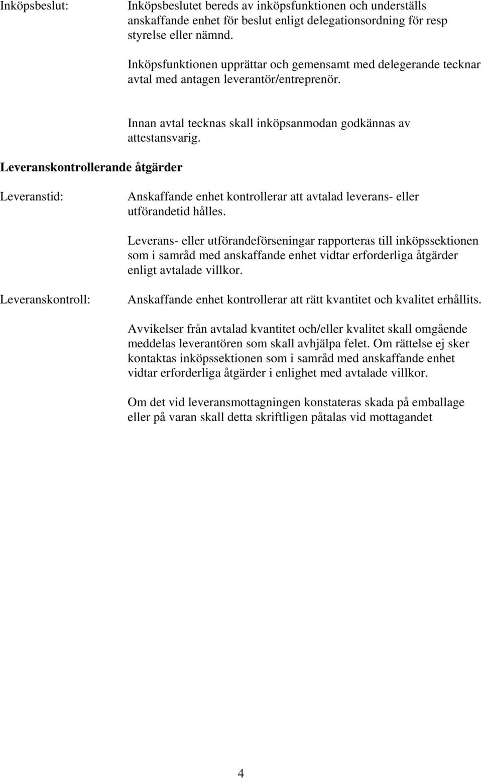 Leveranskontrollerande åtgärder Innan avtal tecknas skall inköpsanmodan godkännas av attestansvarig. Leveranstid: Anskaffande enhet kontrollerar att avtalad leverans- eller utförandetid hålles.
