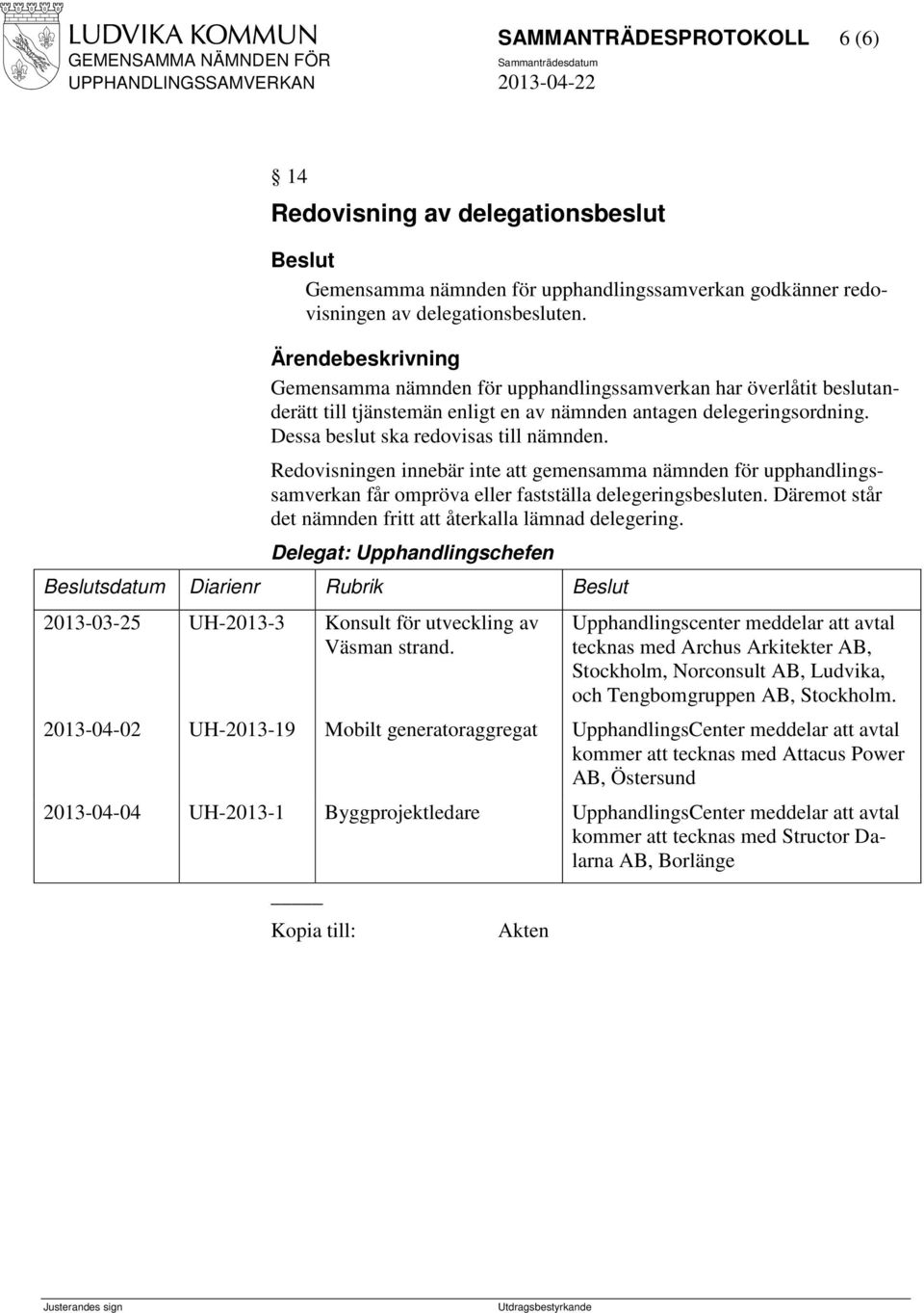 Redovisningen innebär inte att gemensamma nämnden för upphandlingssamverkan får ompröva eller fastställa delegeringsbesluten. Däremot står det nämnden fritt att återkalla lämnad delegering.