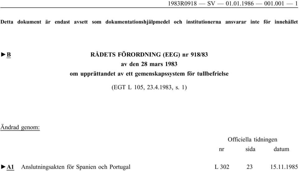 inte för innehållet B RÅDETS FÖRORDNING (EEG) nr 918/83 av den 28 mars 1983 om upprättandet av ett