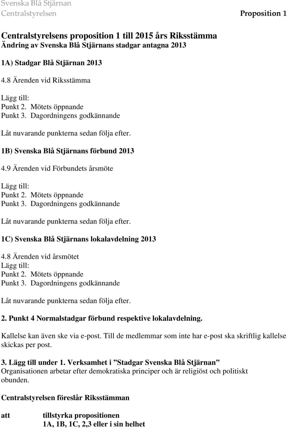 9 Ärenden vid Förbundets årsmöte Lägg till: Punkt 2. Mötets öppnande Punkt 3. Dagordningens godkännande Låt nuvarande punkterna sedan följa efter. 1C) Svenska Blå Stjärnans lokalavdelning 2013 4.
