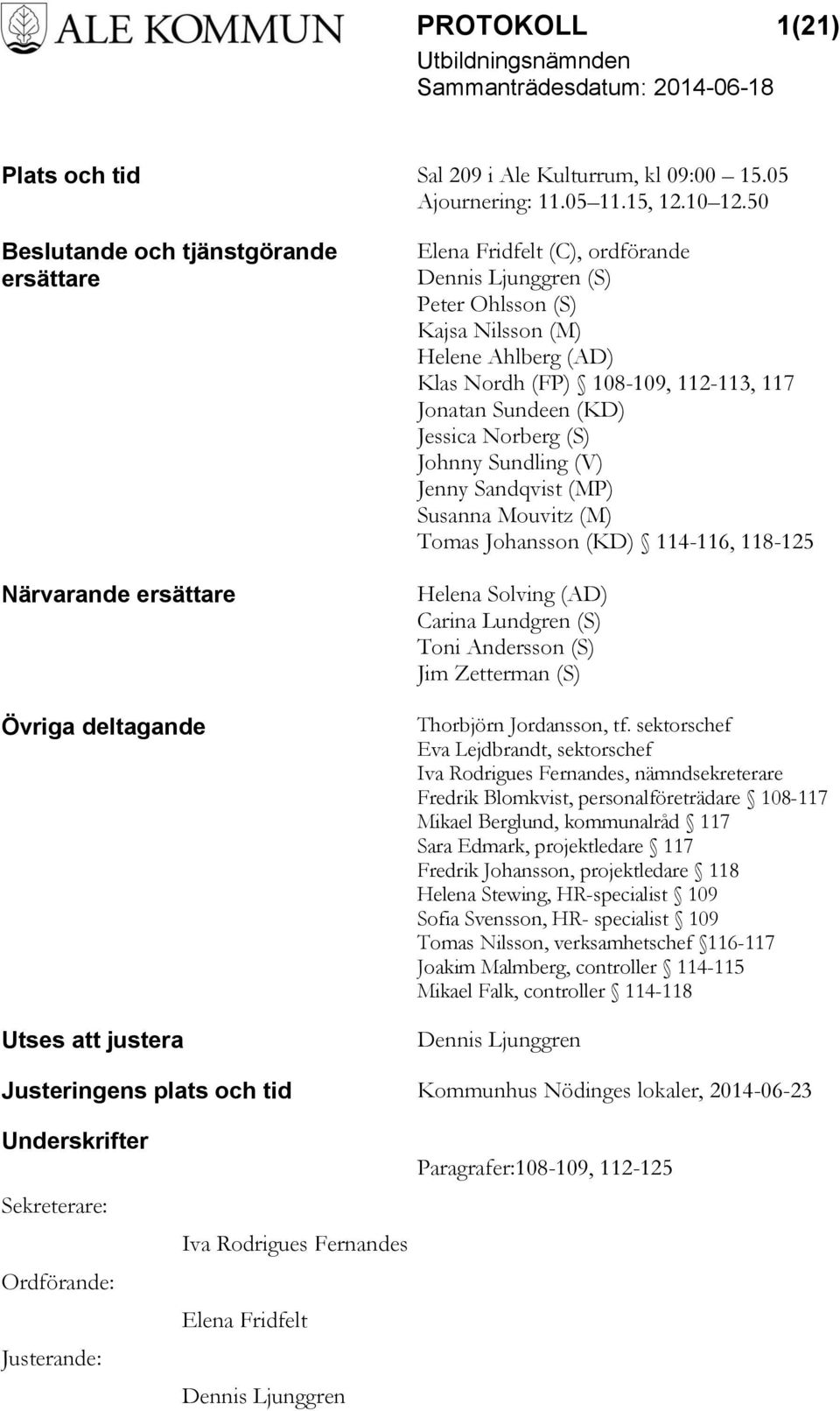 (AD) Klas Nordh (FP) 108-109, 112-113, 117 Jonatan Sundeen (KD) Jessica Norberg (S) Johnny Sundling (V) Jenny Sandqvist (MP) Susanna Mouvitz (M) Tomas Johansson (KD) 114-116, 118-125 Helena Solving