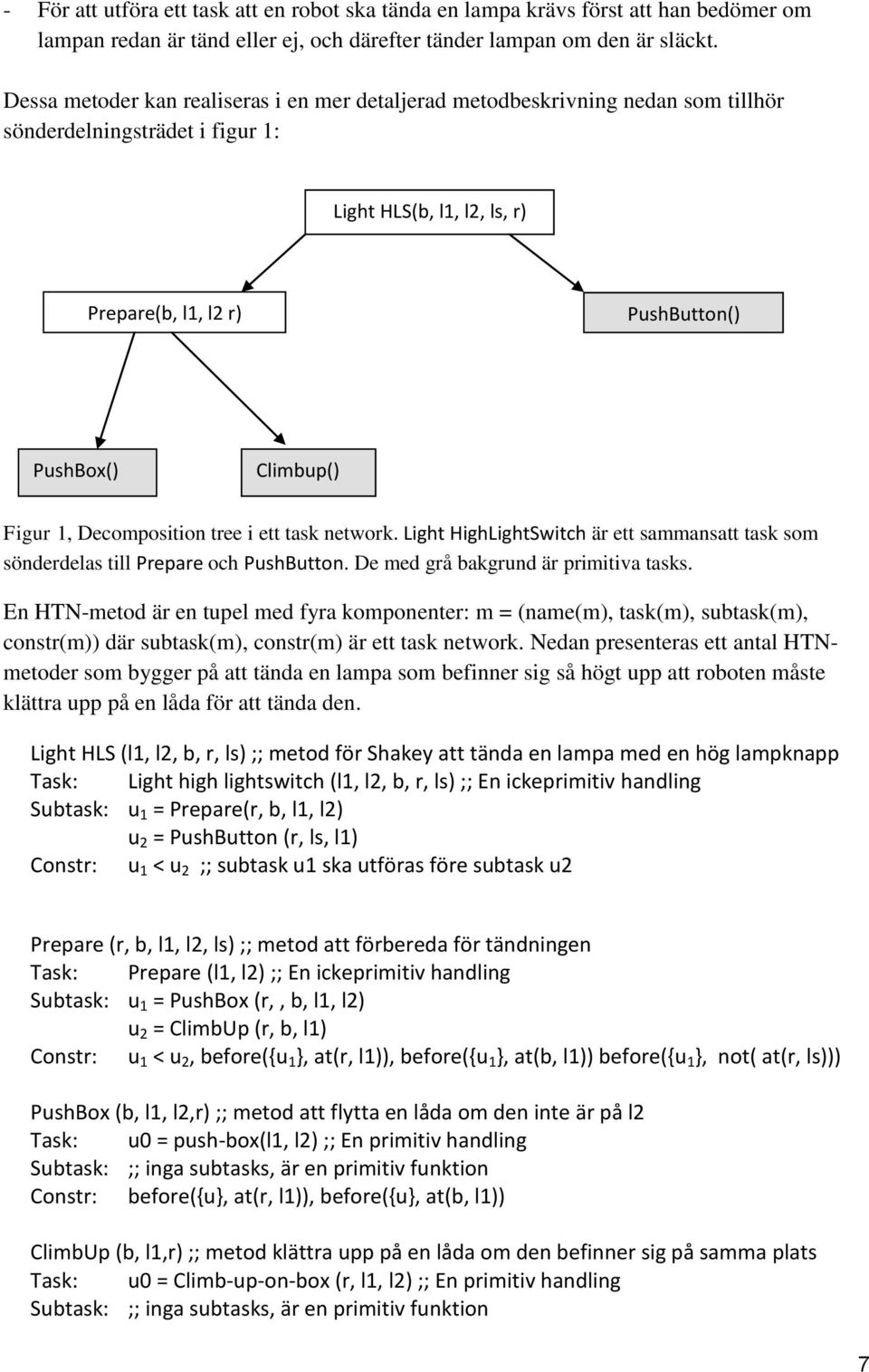 Figur 1, Decomposition tree i ett task network. Light HighLightSwitch är ett sammansatt task som sönderdelas till Prepare och PushButton. De med grå bakgrund är primitiva tasks.
