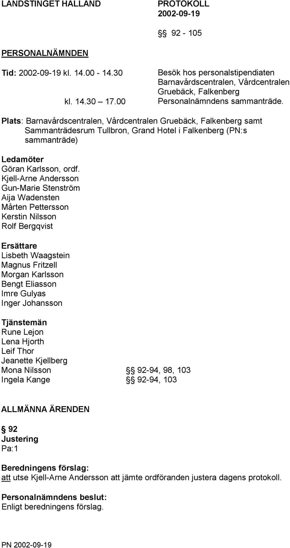 Plats: Barnavårdscentralen, Vårdcentralen Gruebäck, Falkenberg samt Sammanträdesrum Tullbron, Grand Hotel i Falkenberg (PN:s sammanträde) Ledamöter Göran Karlsson, ordf.