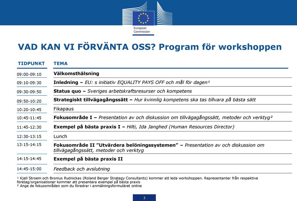 kompetens 09:50-10:20 10:20-10:45 10:45-11:45 12:30-13:15 Lunch Strategiskt tillvägagångssätt Hur kvinnlig kompetens ska tas tillvara på bästa sätt Fikapaus Fokusområde I Presentation av och