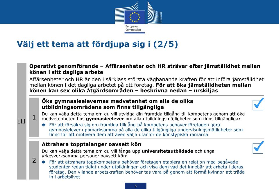 För att öka jämställdheten mellan könen kan sex olika åtgärdsområden beskrivna nedan urskiljas III 1 2 Öka gymnasieelevernas medvetenhet om alla de olika utbildningsområdena som finns tillgängliga Du