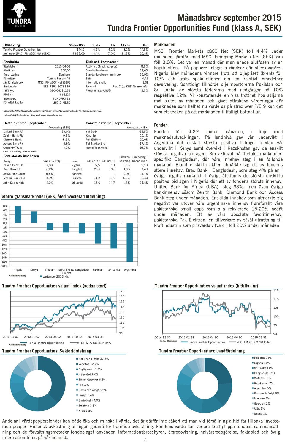 jmf-index 12,9% Förvaltare Tundra Fonder AB Beta 0,73 Jämförelseindex MSCI FM xgcc Net (SEK) Information ratio 1,09 Bankkonto SEB 5851-1078355 Risknivå 7 av 7 (se KIID för mer info) ISIN kod