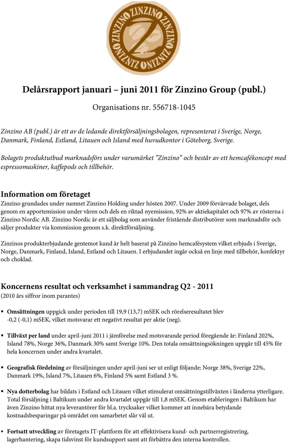 Bolagets produktutbud marknadsförs under varumärket Zinzino och består av ett hemcafékoncept med espressomaskiner, kaffepods och tillbehör.