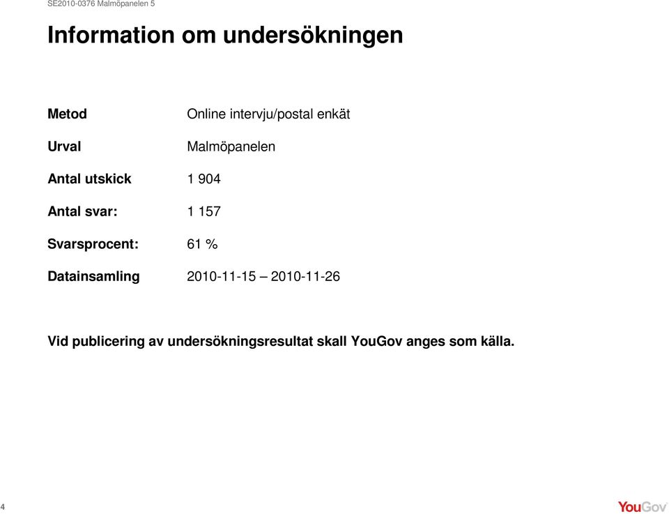 svar: 1 157 Svarsprocent: 61 % Datainsamling 2010-11-15