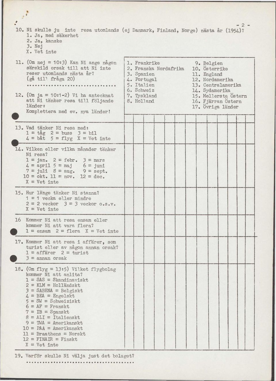 (Om ja = 10s1-2) Vi ha antecknat att Ni tänker resa till följande länder: Komplettera med ev. nya länder! 1. Frankrike 2. Franska Nordafrika 3. Spanien 4. Portugal 5. Italien 6. Schweiz 7. Tyskland 8.