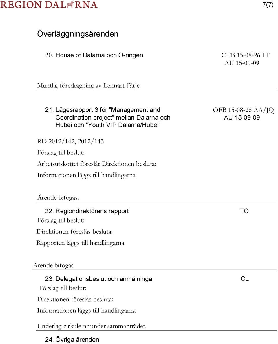 Dalarna/Hubei RD 2012/142, 2012/143 Informationen läggs till handlingarna. 22.