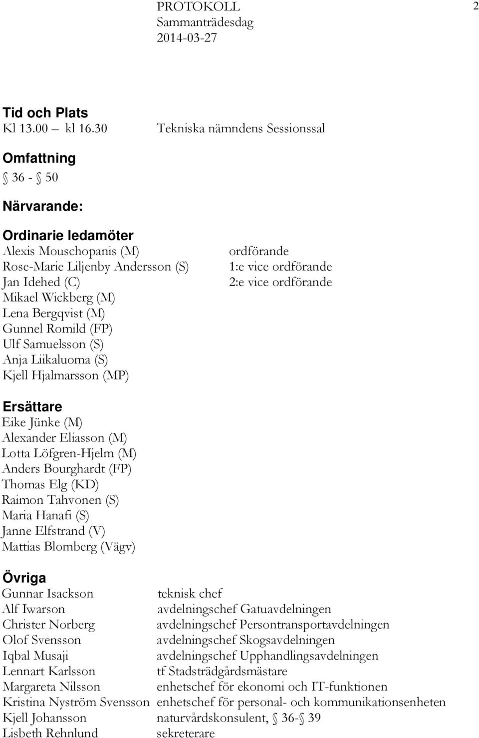 Gunnel Romild (FP) Ulf Samuelsson (S) Anja Liikaluoma (S) Kjell Hjalmarsson (MP) ordförande 1:e vice ordförande 2:e vice ordförande Ersättare Eike Jünke (M) Alexander Eliasson (M) Lotta Löfgren-Hjelm