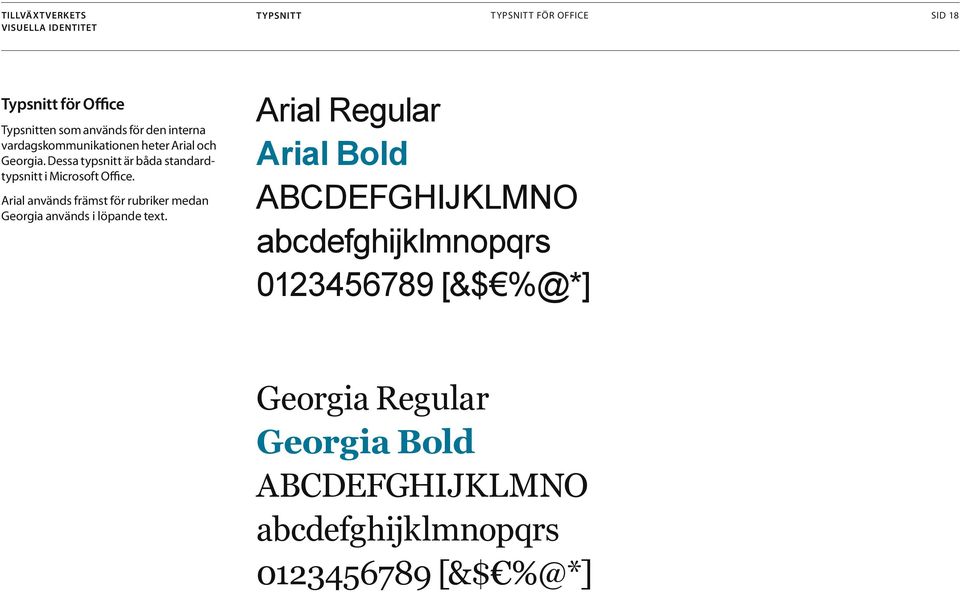 Arial används främst för rubriker medan Georgia används i löpande text.
