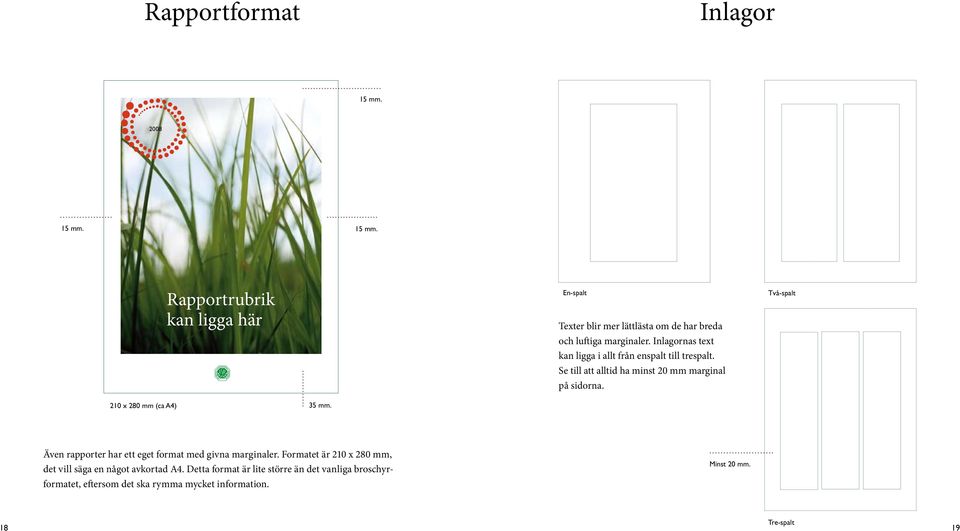 Två-spalt 210 x 280 mm (ca A4) 35 mm. Även rapporter har ett eget format med givna marginaler.
