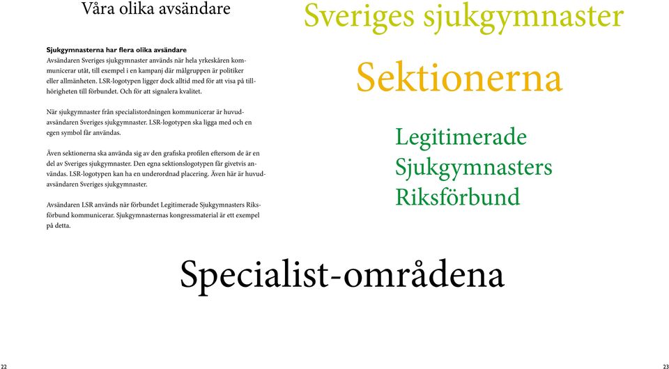 Sektionerna När sjukgymnaster från specialistordningen kommunicerar är huvudavsändaren Sveriges sjukgymnaster. LSR-logotypen ska ligga med och en egen symbol får användas.
