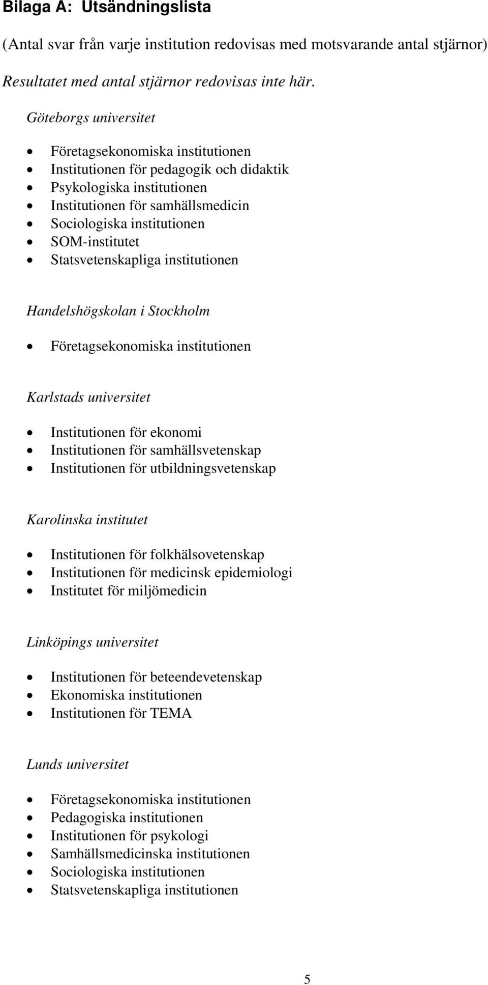 Stockholm Karlstads universitet Institutionen för ekonomi Institutionen för samhällsvetenskap Institutionen för utbildningsvetenskap Karolinska institutet Institutionen för folkhälsovetenskap