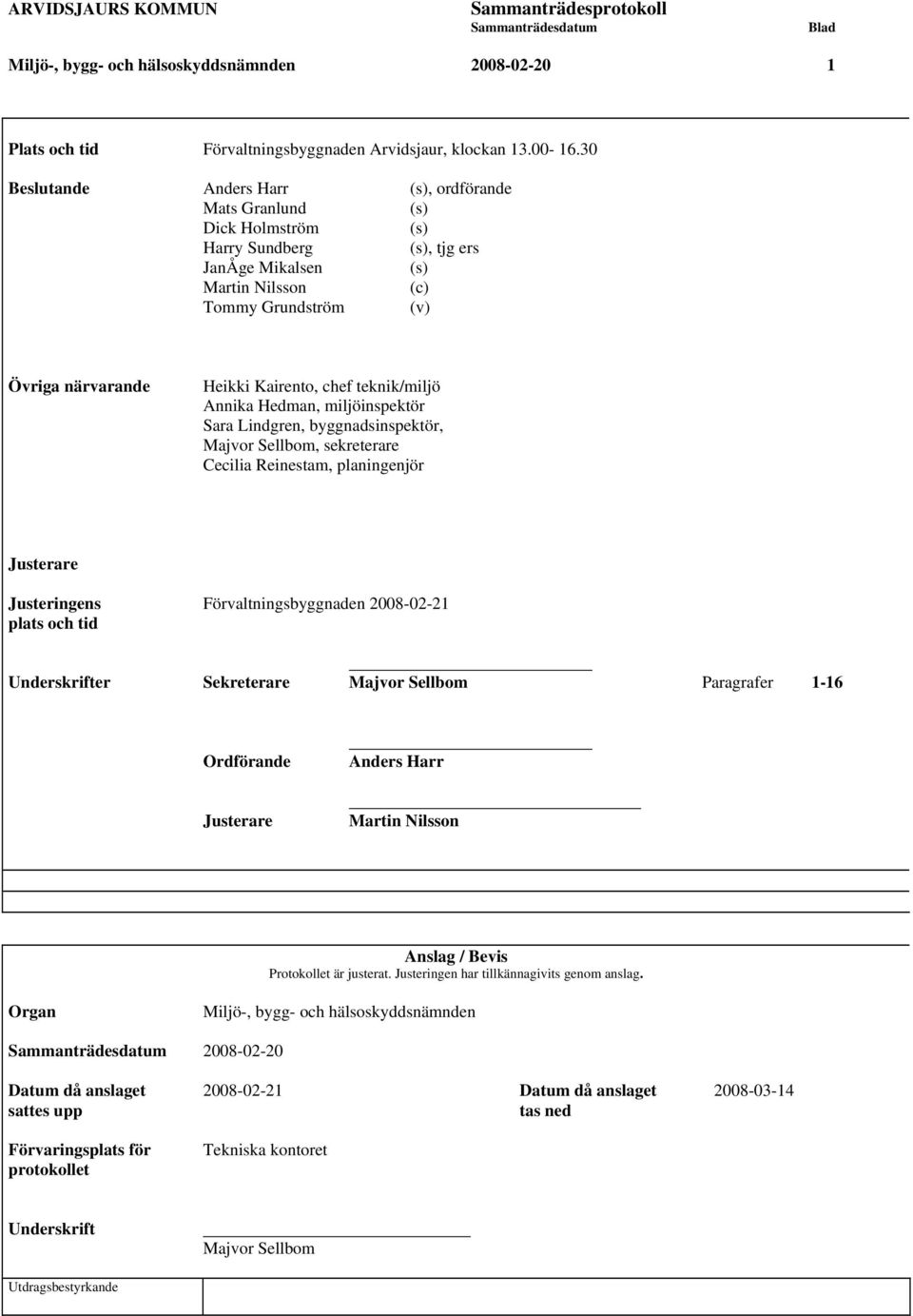 Kairento, chef teknik/miljö Annika Hedman, miljöinspektör Sara Lindgren, byggnadsinspektör, Majvor Sellbom, sekreterare Cecilia Reinestam, planingenjör Justerare Justeringens Förvaltningsbyggnaden