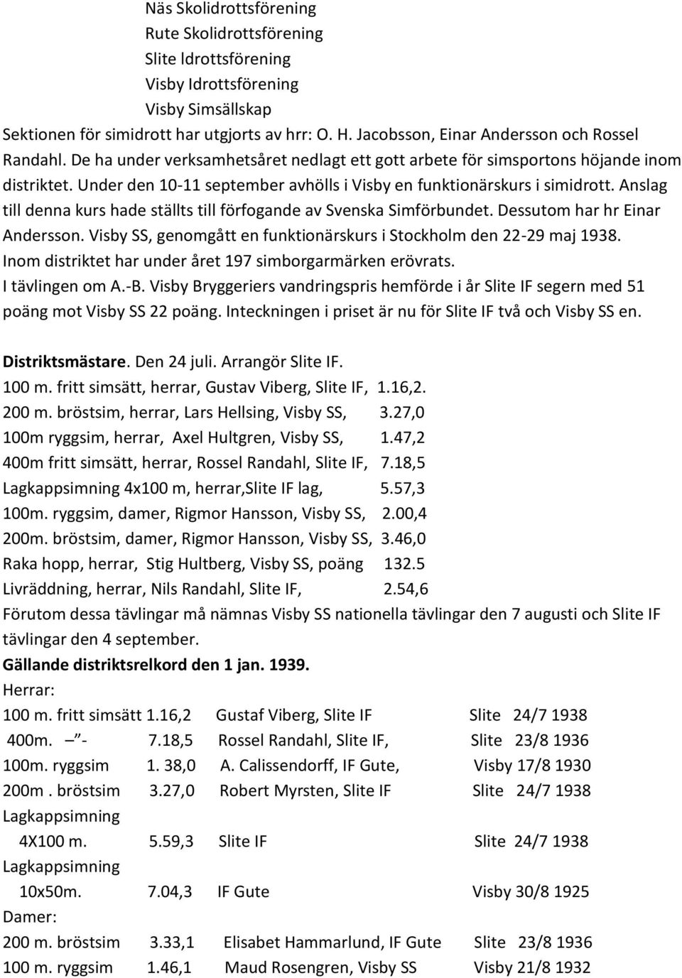 Under den 10-11 september avhölls i Visby en funktionärskurs i simidrott. Anslag till denna kurs hade ställts till förfogande av Svenska Simförbundet. Dessutom har hr Einar Andersson.