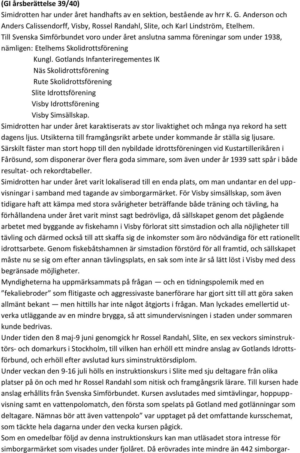 Gotlands Infanteriregementes IK Näs Skolidrottsförening Rute Skolidrottsförening Slite Idrottsförening Visby Idrottsförening Visby Simsällskap.