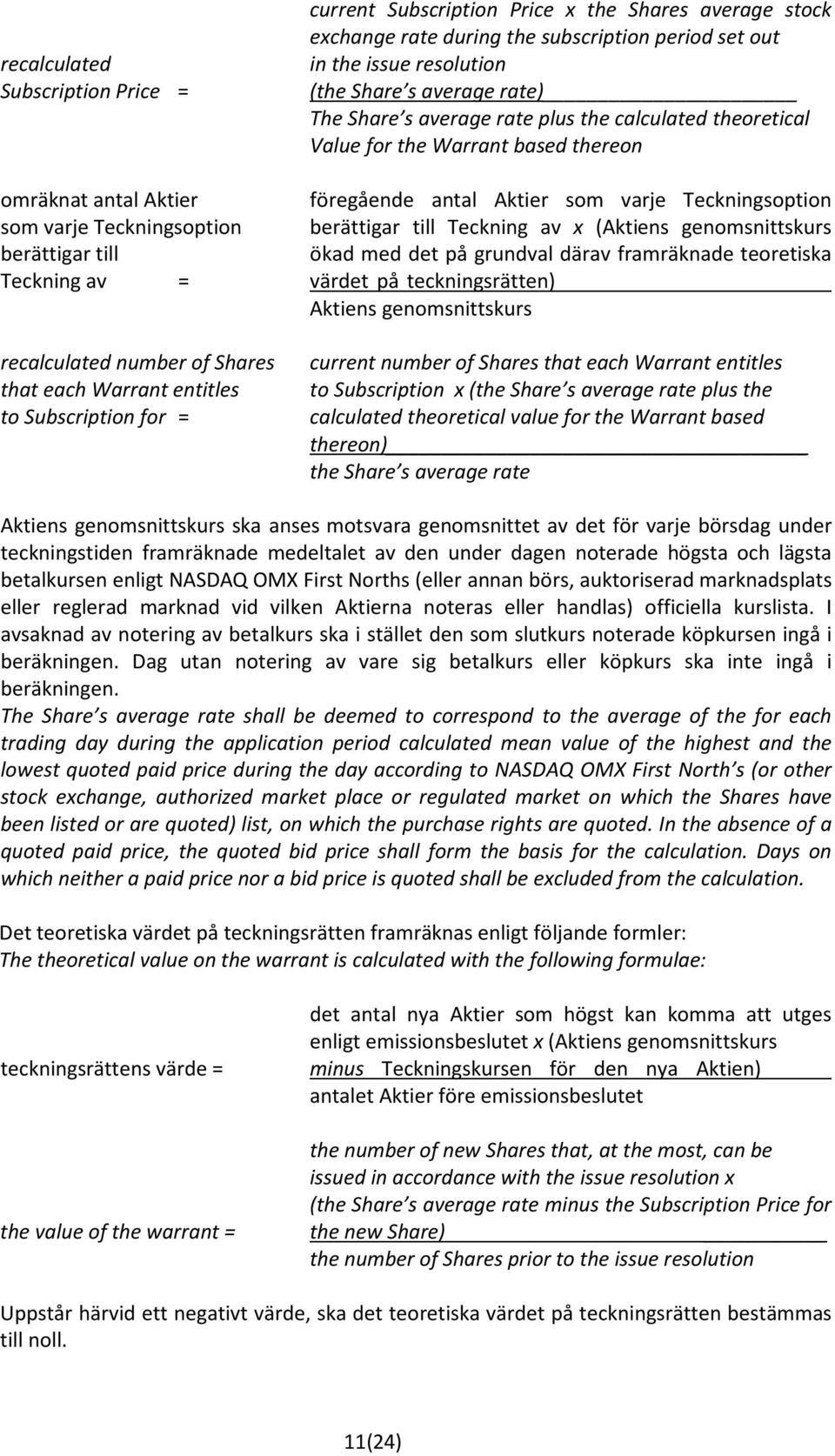 till Teckning av x (Aktiens genomsnittskurs berättigar till ökad med det på grundval därav framräknade teoretiska Teckning av = värdet på teckningsrätten) Aktiens genomsnittskurs recalculated number