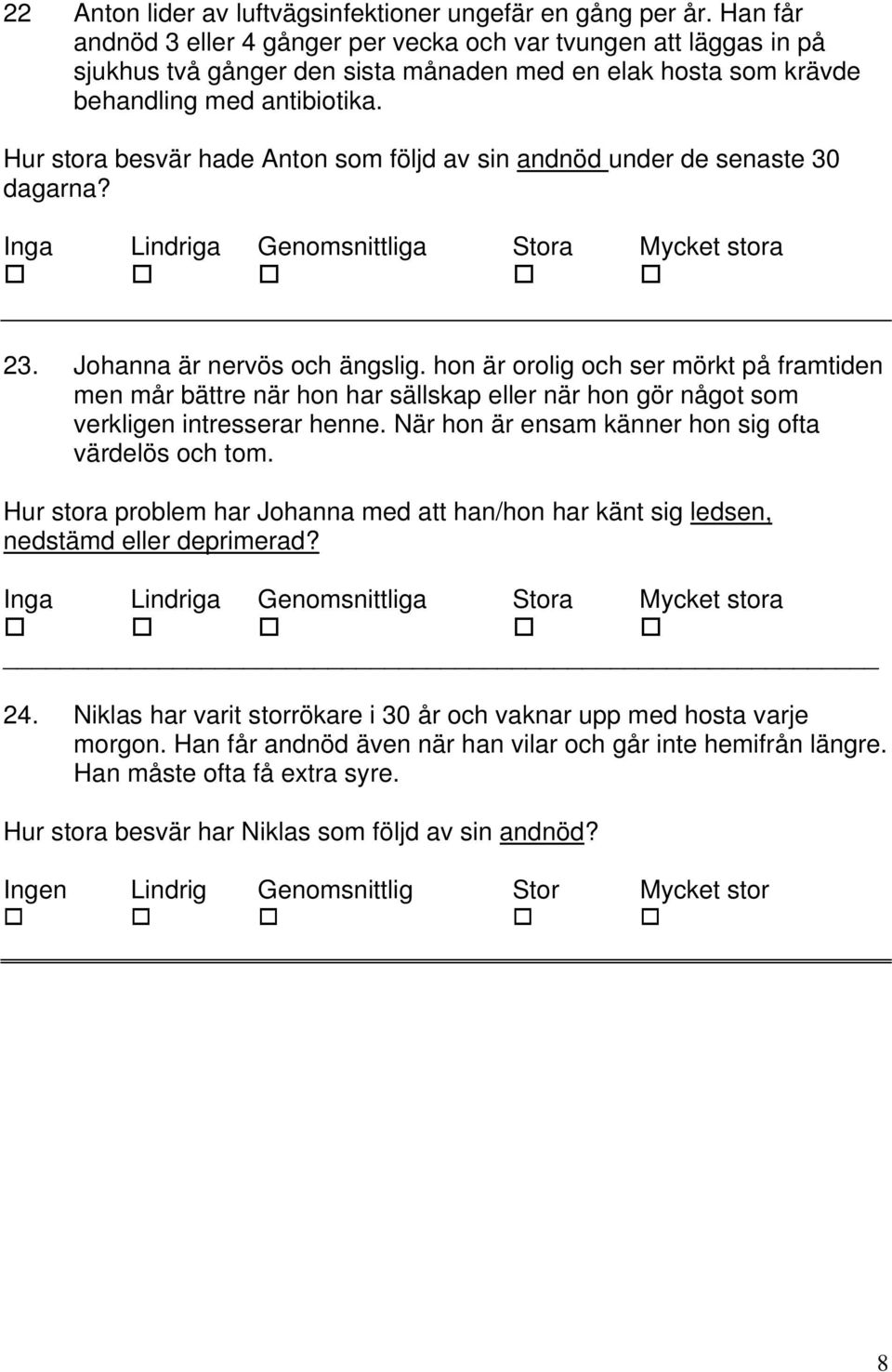 Hur stora besvär hade Anton som följd av sin andnöd under de senaste 30 dagarna? 23. Johanna är nervös och ängslig.