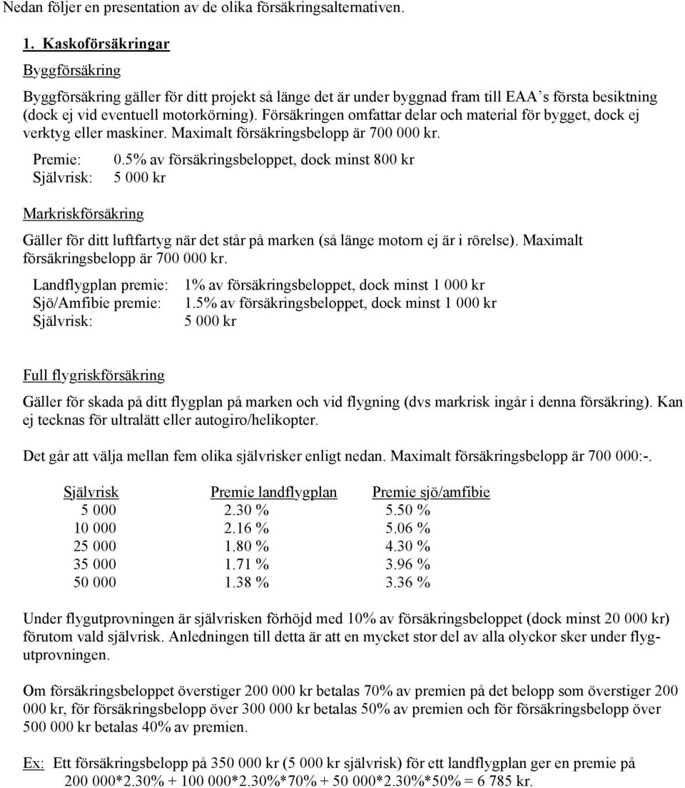 Försäkringen omfattar delar och material för bygget, dock ej verktyg eller maskiner. Maximalt försäkringsbelopp är 700 000 kr. Premie: Självrisk: Markriskförsäkring 0.