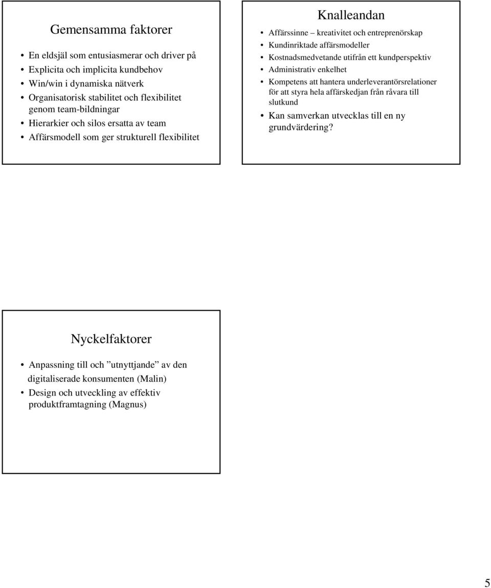 Kostnadsmedvetande utifrån ett kundperspektiv Administrativ enkelhet Kompetens att hantera underleverantörsrelationer för att styra hela affärskedjan från råvara till slutkund Kan