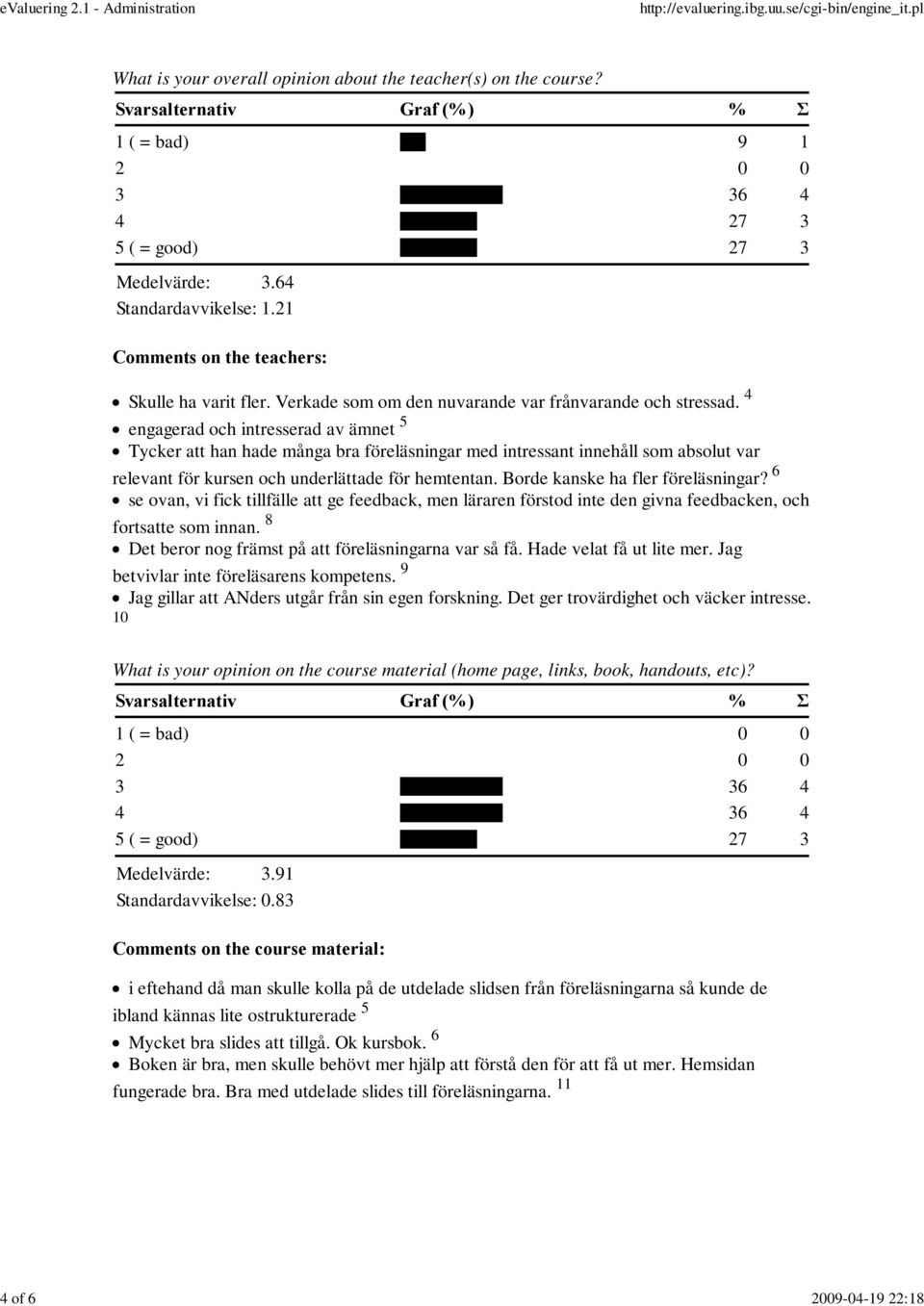 4 engagerad och intresserad av ämnet 5 Tycker att han hade många bra föreläsningar med intressant innehåll som absolut var relevant för kursen och underlättade för hemtentan.