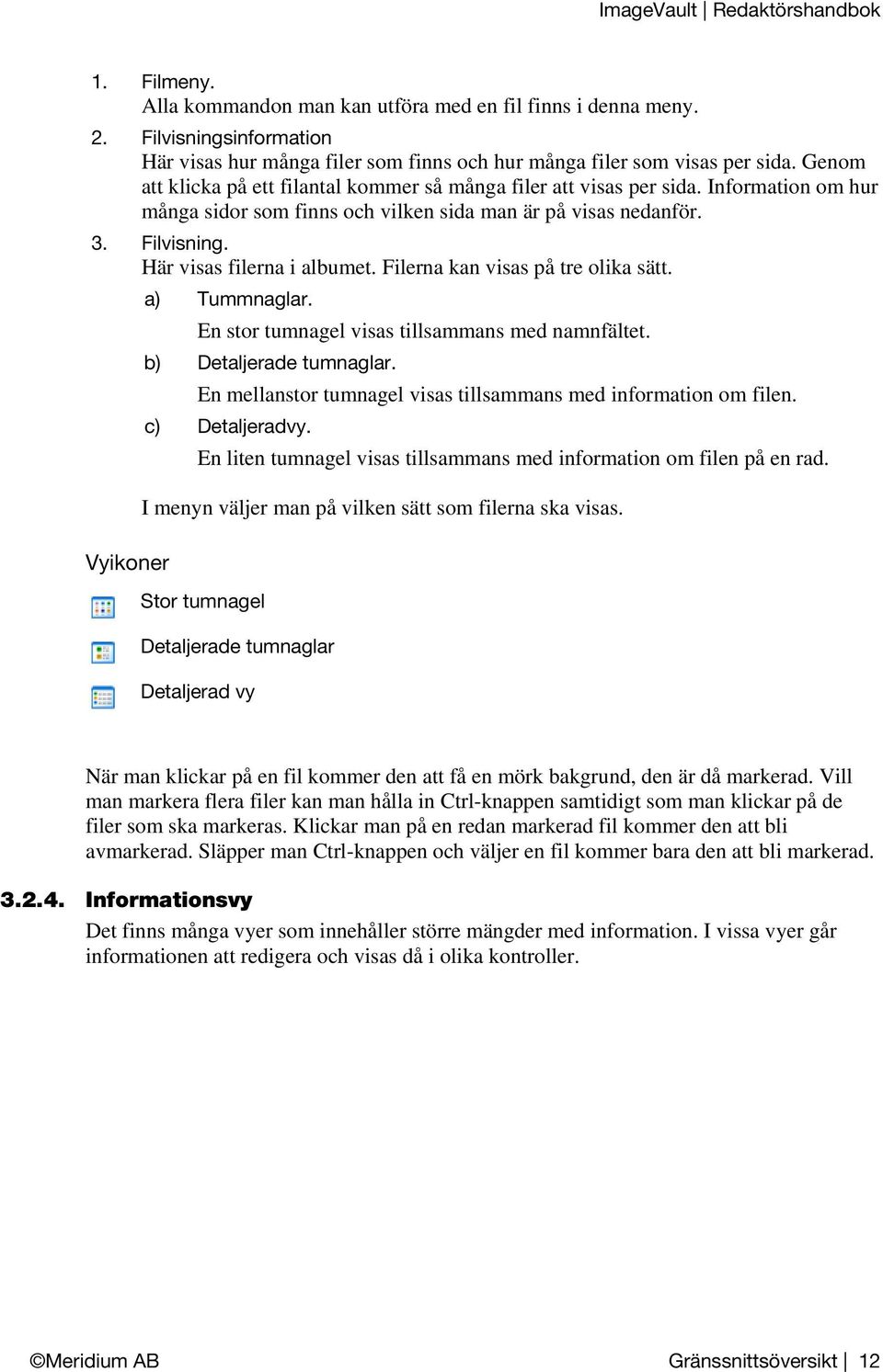 Här visas filerna i albumet. Filerna kan visas på tre olika sätt. Vyikoner a) Tummnaglar. En stor tumnagel visas tillsammans med namnfältet. b) Detaljerade tumnaglar.