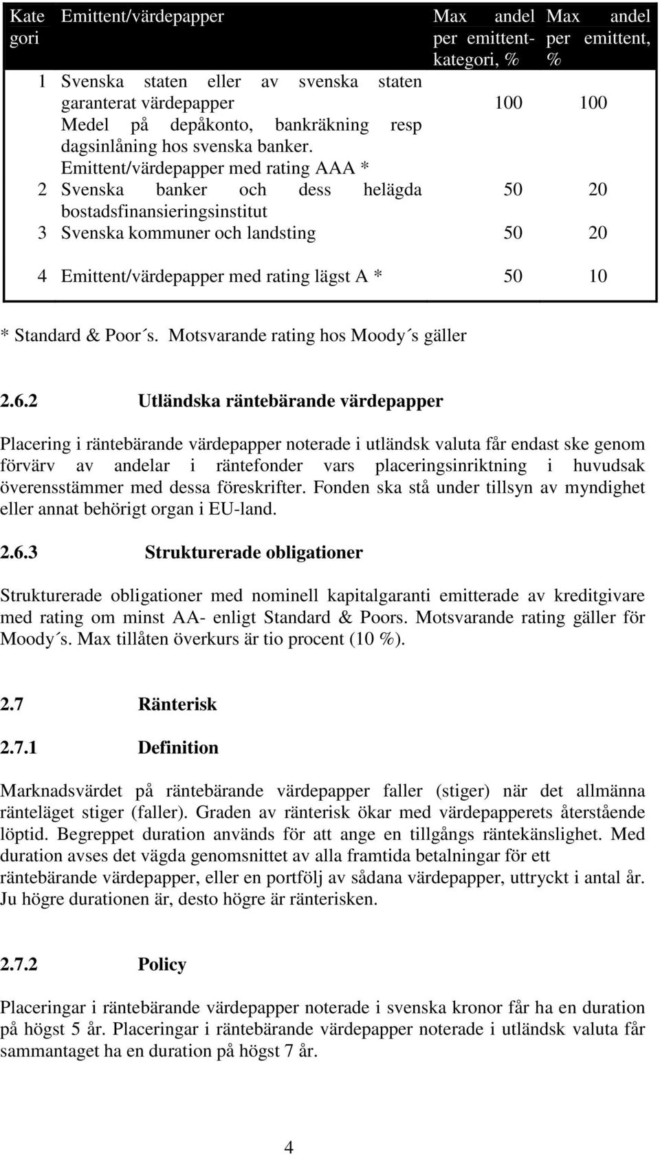 Emittent/värdepapper med rating lägst A * 50 10 * Standard & Poor s. Motsvarande rating hos Moody s gäller 2.6.