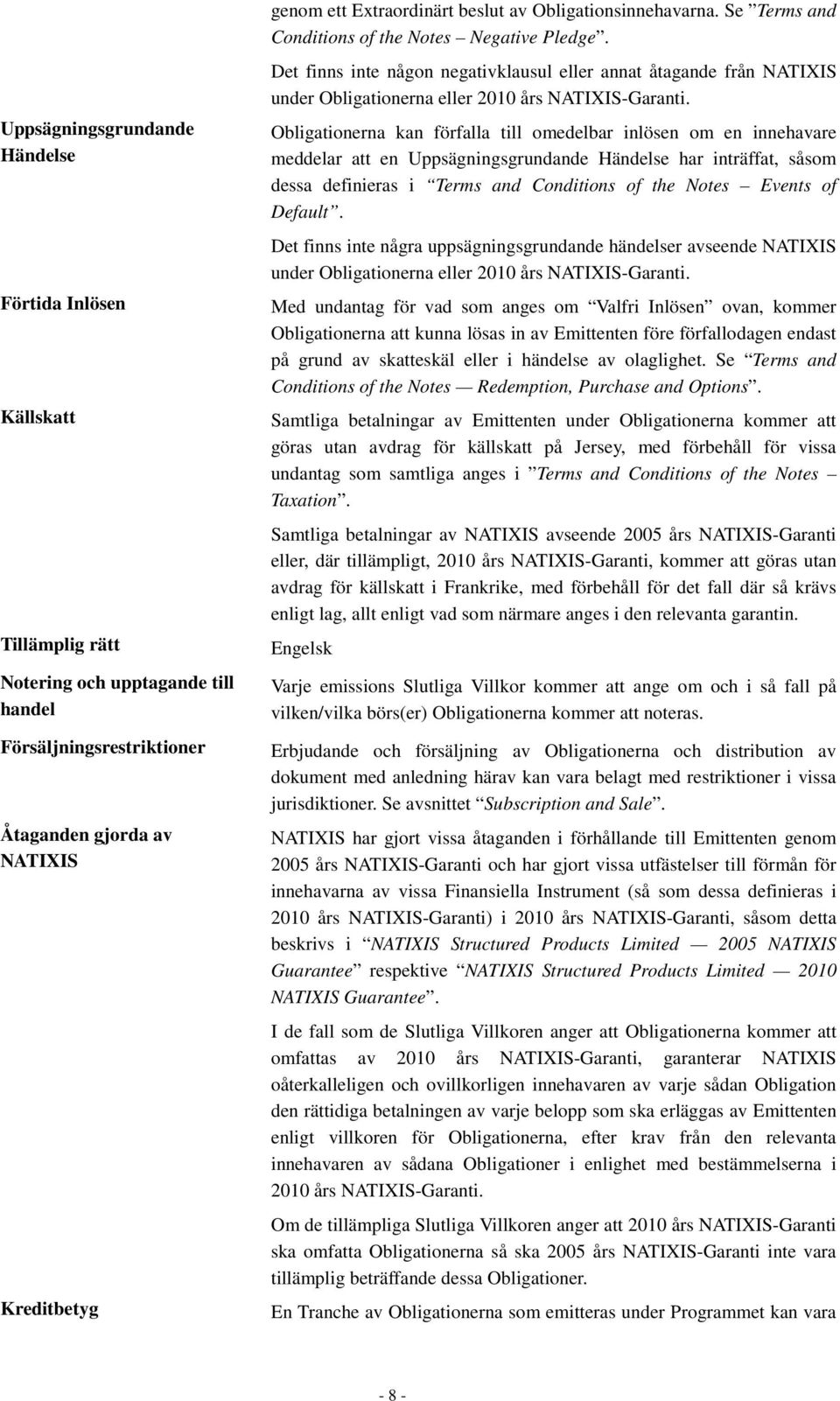 Det finns inte någon negativklausul eller annat åtagande från NATIXIS under Obligationerna eller 2010 års NATIXIS-Garanti.