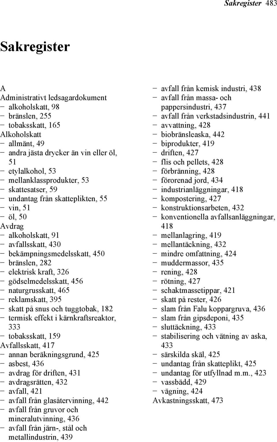 gödselmedelsskatt, 456 naturgrusskatt, 465 reklamskatt, 395 skatt på snus och tuggtobak, 182 tobaksskatt, 159 Avfallsskatt, 417 annan beräkningsgrund, 425 asbest, 436 avdrag för driften, 431