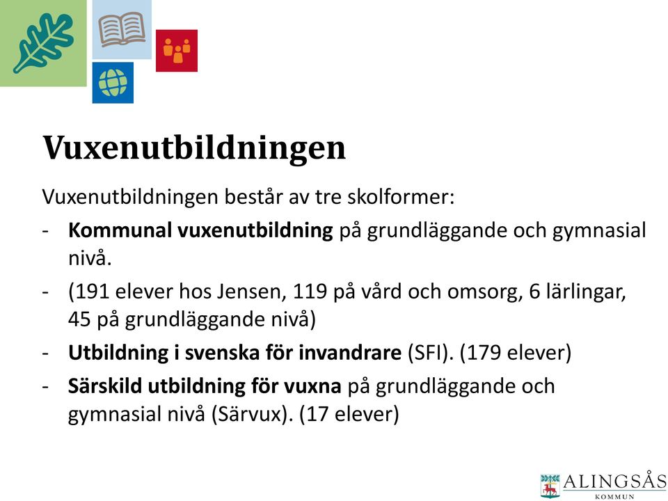 - (191 elever hos Jensen, 119 på vård och omsorg, 6 lärlingar, 45 på grundläggande nivå) -