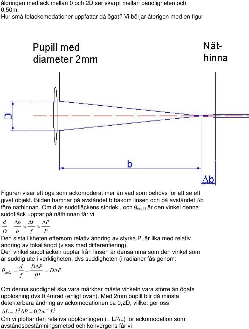 Om d är suddfläckens storlek, och θ sudd är den vinkel denna suddfläck upptar på näthinnan får vi d Δb Δf ΔP = D b f P Den sista likheten eftersom relativ ändring av styrka,p, är lika med relativ