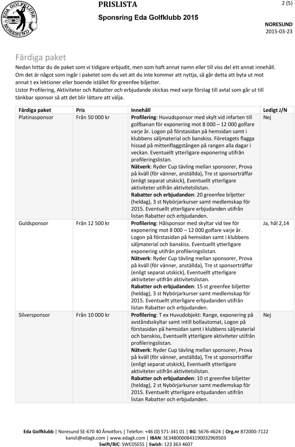 Listor Profilering, Aktiviteter och Rabatter och erbjudande skickas med varje förslag till avtal som går ut till tänkbar sponsor så att det blir lättare att välja.