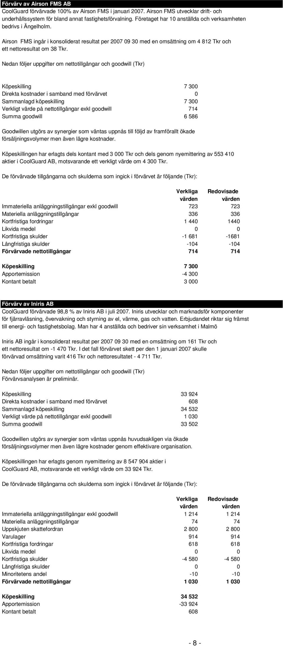 Nedan följer uppgifter om nettotillgångar och goodwill (Tkr) Köpeskilling 7 300 Direkta kostnader i samband med förvärvet 0 Sammanlagd köpeskilling 7 300 Verkligt värde på nettotillgångar exkl