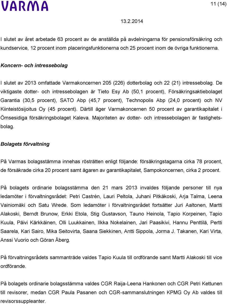 De viktigaste dotter- och intressebolagen är Tieto Esy Ab (50,1 procent), Försäkringsaktiebolaget Garantia (30,5 procent), SATO Abp (45,7 procent), Technopolis Abp (24,0 procent) och NV