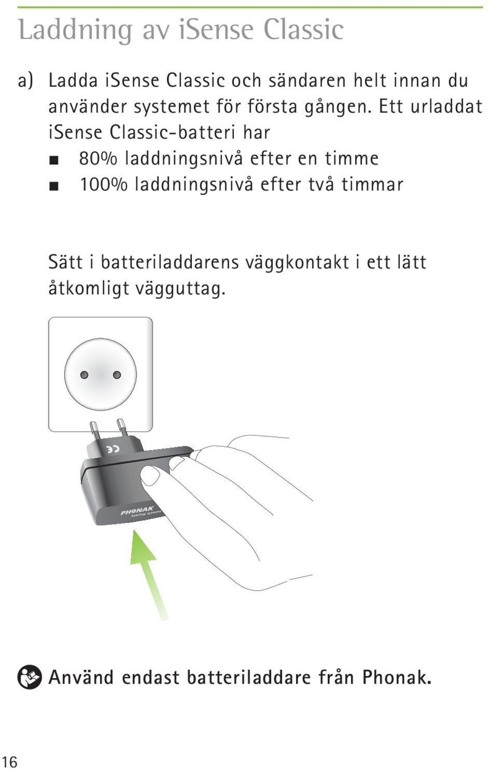 Ett urladdat isense Classic-batteri har 80% laddningsnivå efter en timme 100%