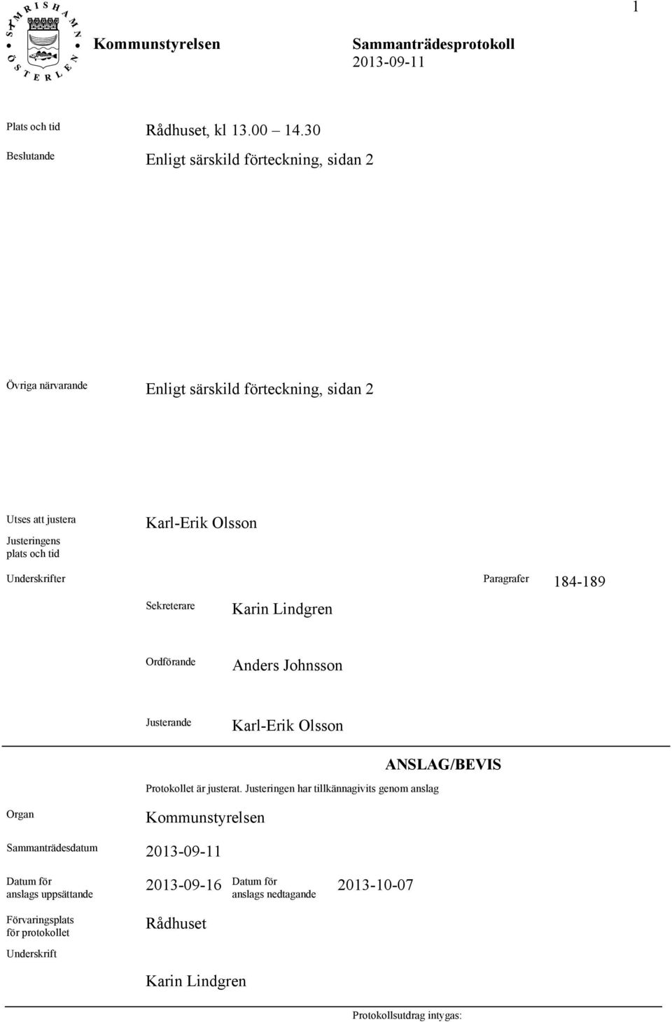 och tid Karl-Erik Olsson Underskrifter Paragrafer 184-189 Sekreterare Karin Lindgren Ordförande Anders Johnsson Justerande Karl-Erik Olsson