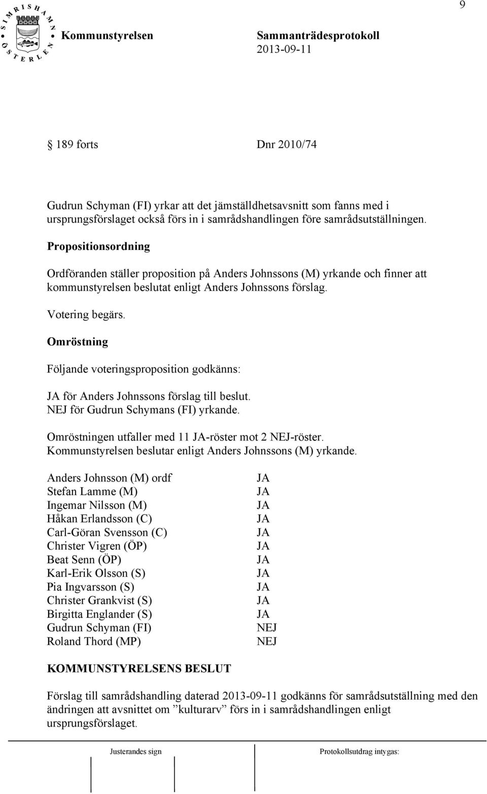 Omröstning Följande voteringsproposition godkänns: för Anders Johnssons förslag till beslut. NEJ för Gudrun Schymans (FI) yrkande. Omröstningen utfaller med 11 -röster mot 2 NEJ-röster.