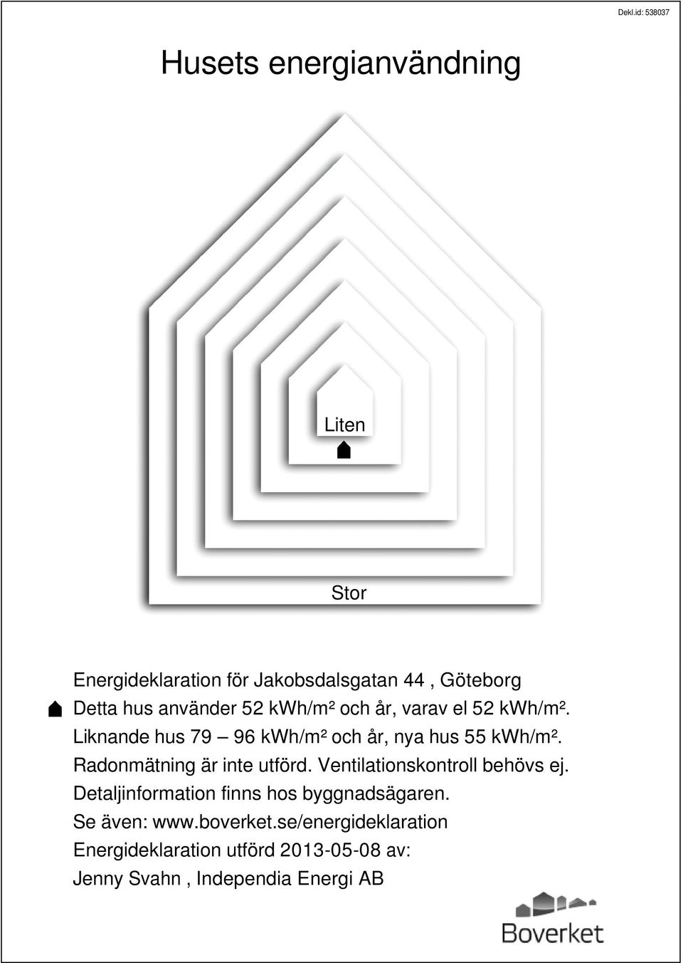 Radonmätning är inte utförd. Ventilationskontroll behövs ej. Detaljinformation finns hos byggnadsägaren.
