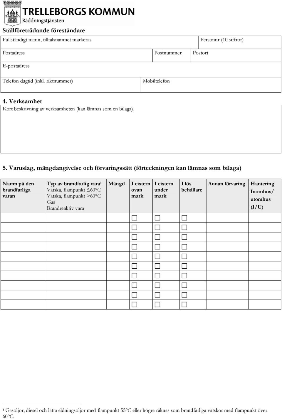 Varuslag, mängdangivelse och förvaringssätt (förteckningen kan lämnas som bilaga) Namn på den brandfarliga varan Typ av brandfarlig vara 1 Vätska,