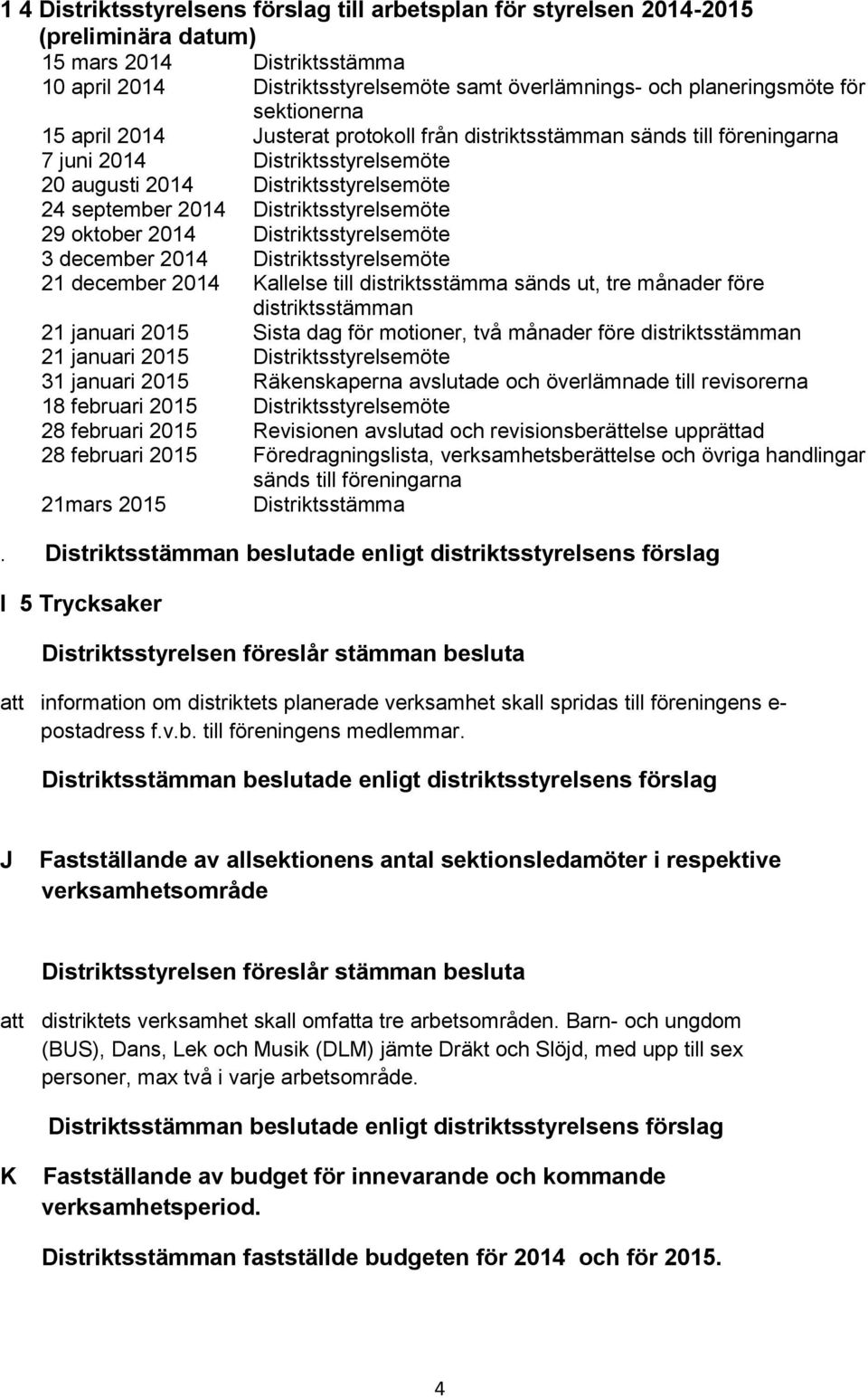 Distriktsstyrelsemöte 29 oktober 2014 Distriktsstyrelsemöte 3 december 2014 Distriktsstyrelsemöte 21 december 2014 Kallelse till distriktsstämma sänds ut, tre månader före distriktsstämman 21 januari