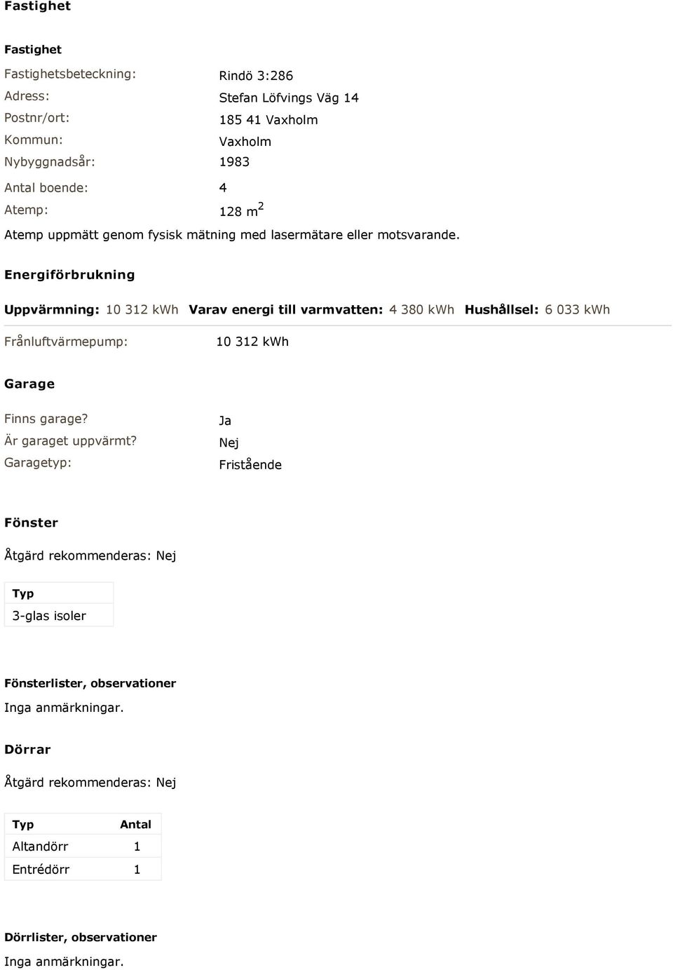 Energiförbrukning Uppvärmning: 10 312 kwh Varav energi till varmvatten: 4 380 kwh Hushållsel: 6 033 kwh Frånluftvärmepump: 10 312 kwh Garage Finns garage?