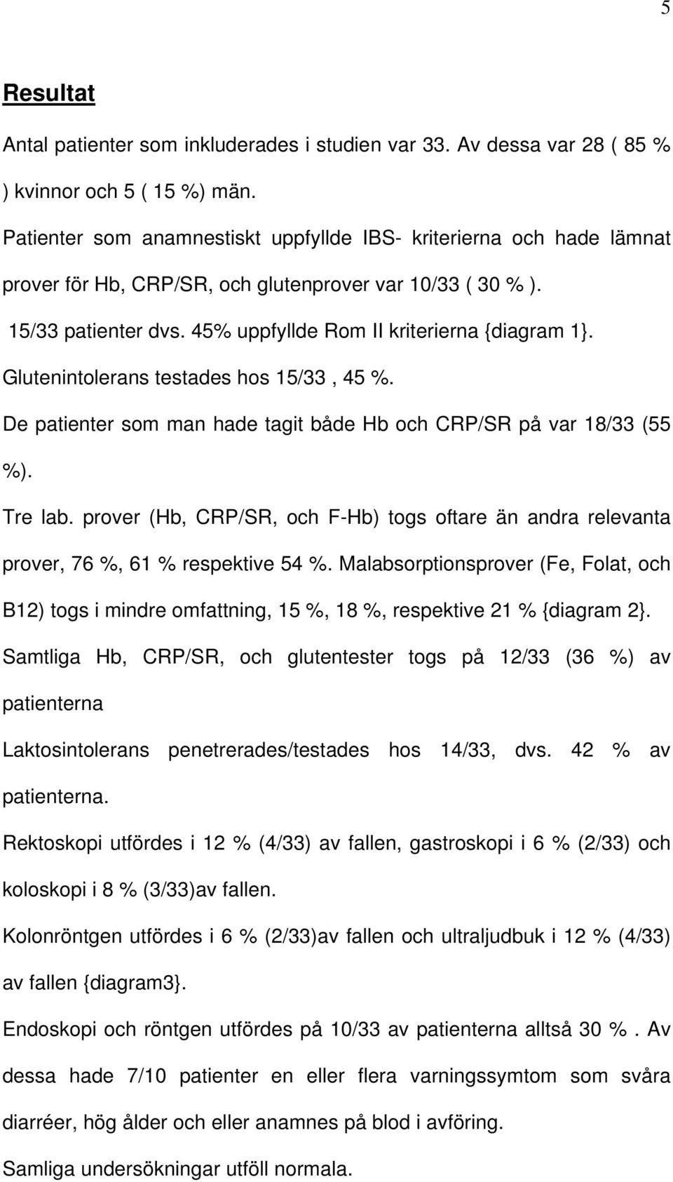Glutenintolerans testades hos 15/33, 45 %. De patienter som man hade tagit både Hb och CRP/SR på var 18/33 (55 %). Tre lab.