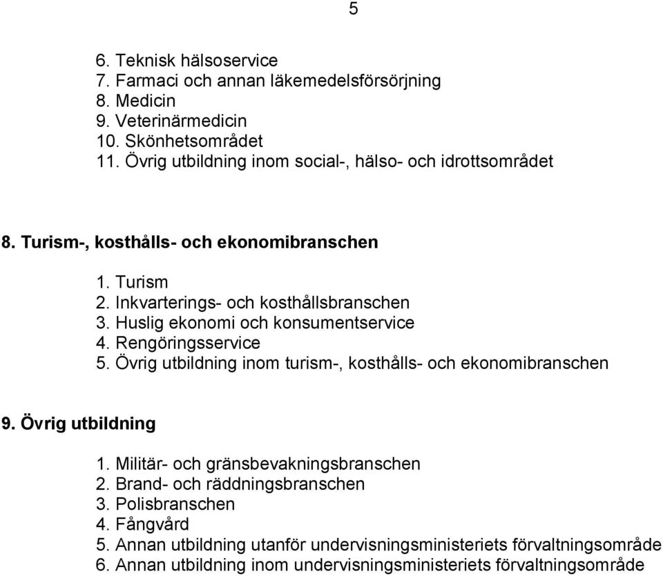 Huslig ekonomi och konsumentservice 4. Rengöringsservice 5. Övrig utbildning inom turism-, kosthålls- och ekonomibranschen 9. Övrig utbildning 1.